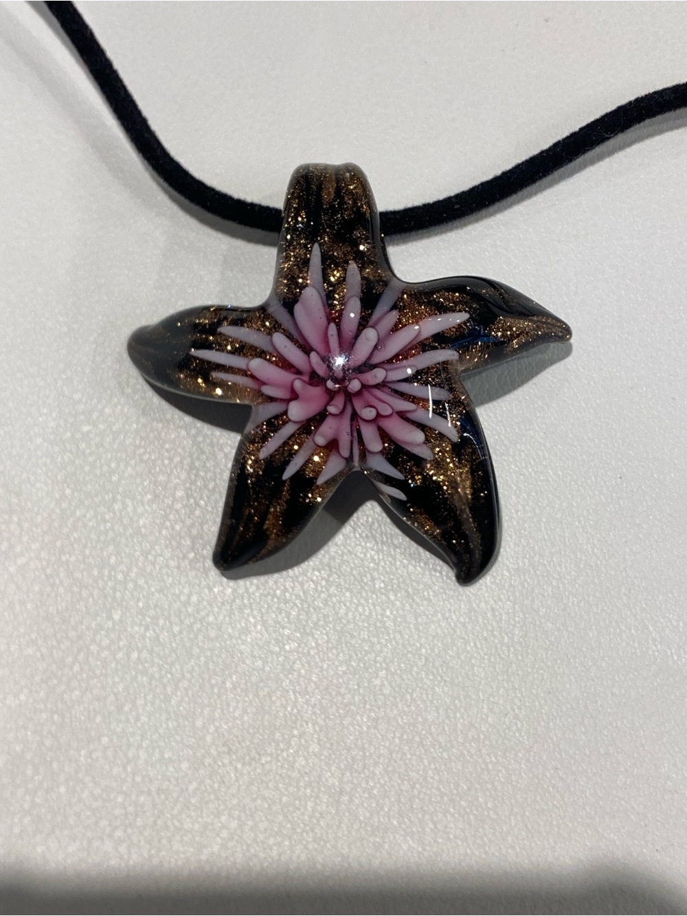 Handmade Starfish Glass Pendant Necklace in Black and Pink